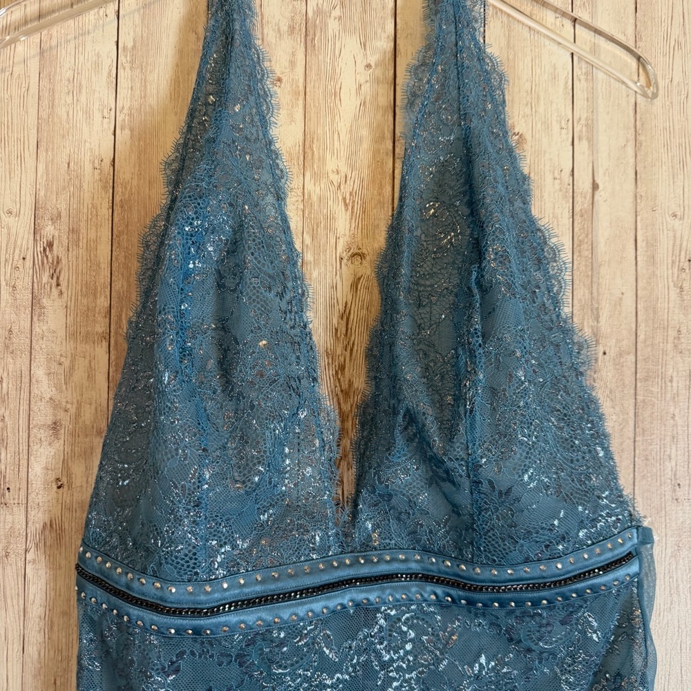 Victoria's Secret Very Sexy Runway Blue Lace Plunging Neckline Studded Bodysuit - Picture 3 of 9